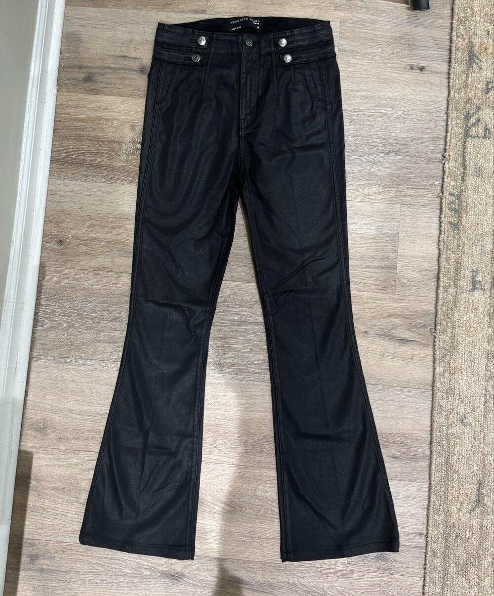 Veronica Beard Black Coated Waxed High Rise Flare Pants, Size 28